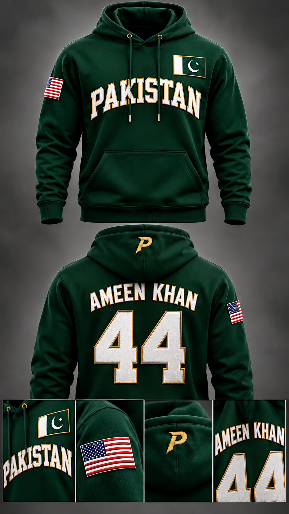 Pakistan custom hoodie with embroidered logo front and back